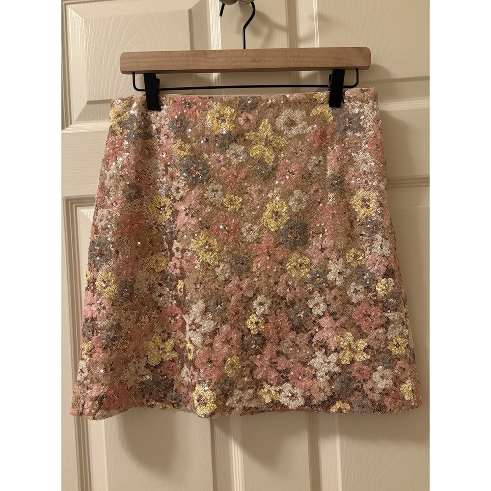 LOFT Floral Sequin Mini Skirt Sparkling Pink Yellow Ivory Soft Brown Size 4